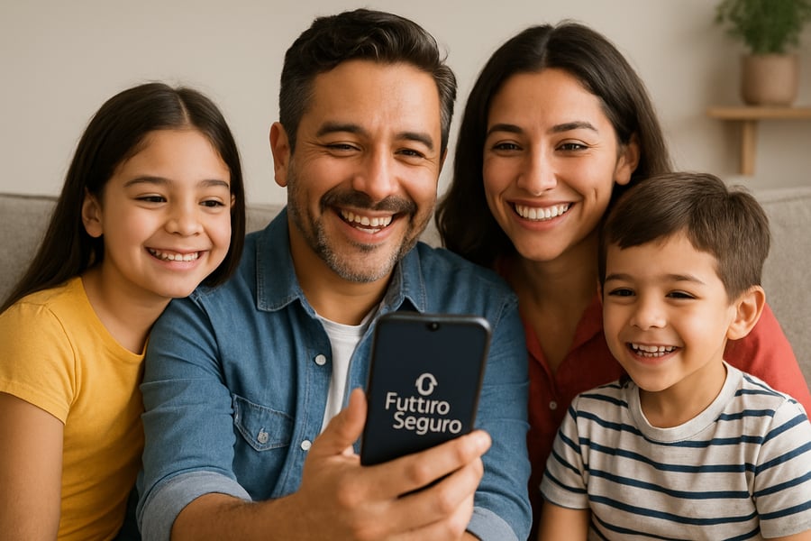 Familia mexicana feliz usando la app de FuturoSeguro
