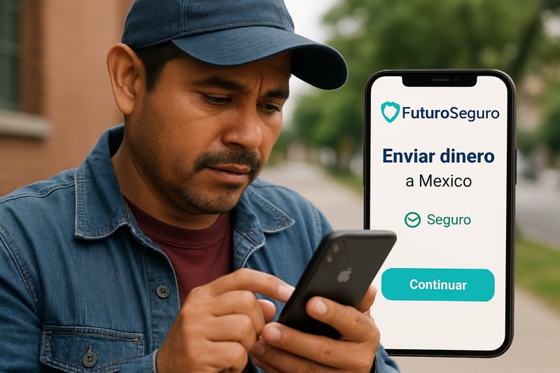Migrante utilizando la app de FuturoSeguro para enviar dinero de manera segura a su familia en México